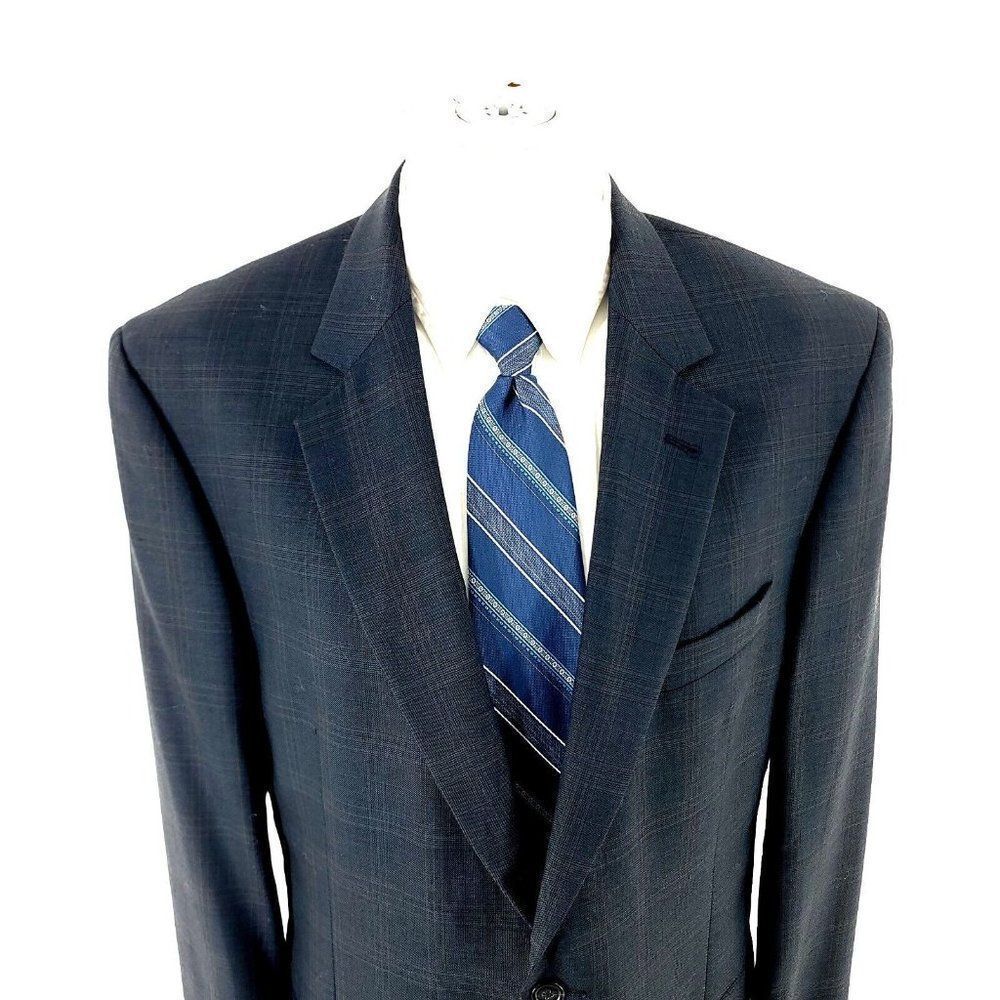 Jos A Bank Signature Collection Wool 2 Button Blazer 42L Blue Brown Plaid